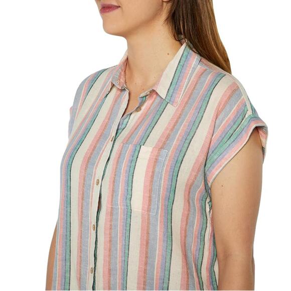 NWT Orvis Women's Button Front Short Sleeve Stripe Linen Blend Shirt - Picture 2 of 6